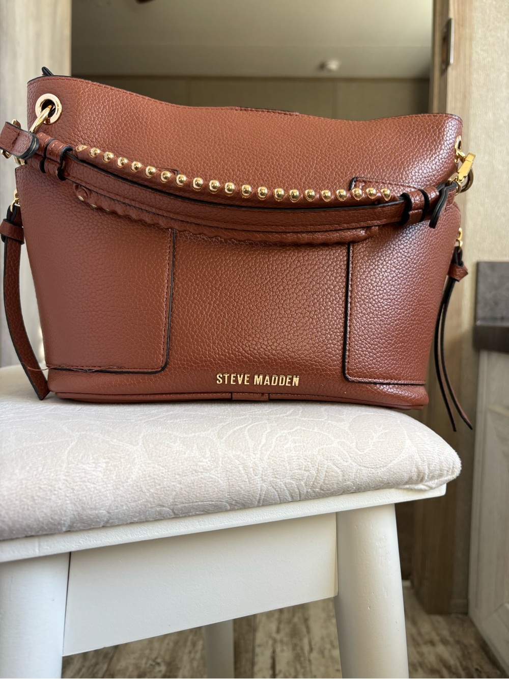 Steve Madden Tan Pebbled Leather Shoulder Bag with Gold Studs